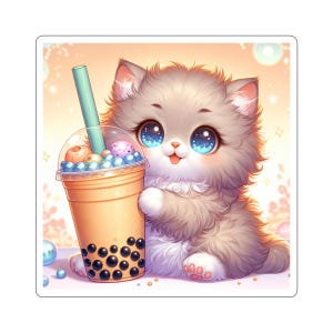 Cute Stickers, Adorable Stickers, Laptop Stickers, Kawaii Stickers, Cat Stickers, Water Bottle Decals, Kitten holding boba tea