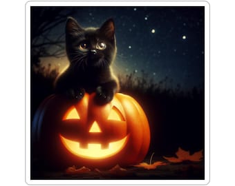 May include: A black kitten perched on a carved orange pumpkin with a glowing face. The background shows a starry night sky and tree silhouettes, creating a Halloween theme.