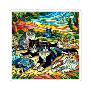 ステンドグラスの猫のステッカー：気まぐれな猫のアートデカール