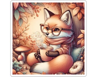 Fox with Glasses Sticker, Coffee Lover Decal