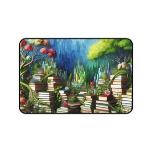 May include: A colourful illustration of a stack of books with plants growing out of them. The books are arranged in a cascading pattern, with the tallest stack in the centre. The plants are a variety of greens, reds, and yellows. The background is a blue and green cityscape.