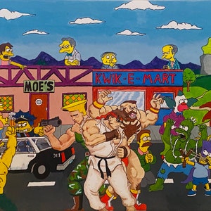Könnte beinhalten: Eine farbenfrohe Illustration mit Figuren aus den Simpsons und Street Fighter. Die Szene spielt in Springfield, mit Moe's Tavern und dem Kwik-E-Mart im Hintergrund.  Zu den Figuren gehören Homer Simpson, Chief Wiggum, Barney Gumble,  Bart Simpson,  Milhouse Van Houten,  und  Moe Szyslak.  Street Fighter-Figuren sind Ryu, Ken und Zangief.