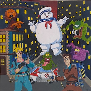 May include: A hand-painted illustration of a scene from the Ghostbusters movie. The illustration features the Stay Puft Marshmallow Man, a green ghost, a purple ghost, and two Ghostbusters in their jumpsuits. The Ghostbusters are holding proton packs and are standing in front of a car. The illustration is set against a backdrop of a city skyline.