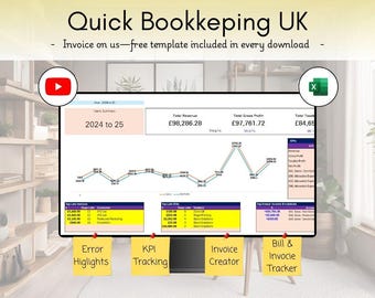 UK Bookkeeping Income Expense - Automated Charting -  Low Budget Alternative - Invoice/Bills - Excel Online Template Instant Download - FSGB
