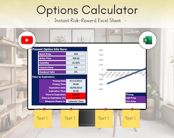 Op de afbeelding: Een screenshot van een computerscherm met een spreadsheet met een grafiek en een tabel. De spreadsheet heeft de titel "Options Calculator - Instant Risk-Reward Excel Sheet." De tabel bevat informatie over een aandelenoptie, inclusief de aandelenprijs, de uitoefenprijs, de volatiliteit, de rentevoet, het dividendrendement, de prijsvaststellingsdatum, de prijsvaststellingstijd, de vervaldatum, de vervaltijd, de resterende looptijd en de resterende looptijd in percentage. De grafiek toont de relatie tussen de aandelenprijs en de optieprijs. De grafiek is gelabeld met "Pricing", "Call Price" en "Put Price".