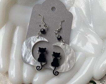 Moon and Cats Earrings Witchy Halloween Kitsch Vintage Retro Chunky Spooky Goth