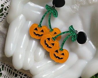 Plastic Glitter Pumpkins Jack o Lantern Halloween Dangle Earrings  Kawaii Harajuku Pastel Chunky Plastic