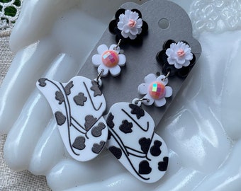 Cow Print Cowboy Cowgirl Kitsch Hat Flowers Kawaii Acrylic Barbie Dangle Earrings