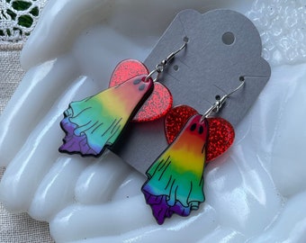 Boo-tiful Rainbow Ghosts Heart Dangle Earrings Kitsch Vintage Retro Halloween Floral Kawaii