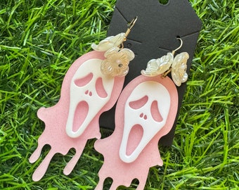 Acrylic Ghostface Flower Crown Valentine Dangle Earrings Goth Halloween Horror Spooky