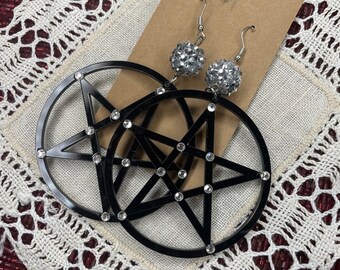 Black Pentagram Disco Ball Halloween Creepy Goth Plastic Dangle Earrings Kawaii Kitsch