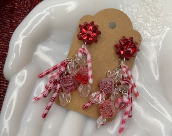 Miniature Christmas Candy Canes Kitsch Vintage Retro Chunky Kawaii Earrings