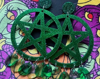 Green Glitter Pentagrams Creepy Goth Plastic Dangle Earrings Kawaii Kitsch