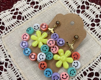 Rainbow Smiley Face Hoop Dangle Charm Earrings Glitter Fairy Kei Magical Kawaii Lolita