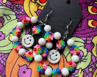 Rainbow Smiley Face Hoop Dangle Charm Earrings Glitter Fairy Kei Magical Kawaii Lolita