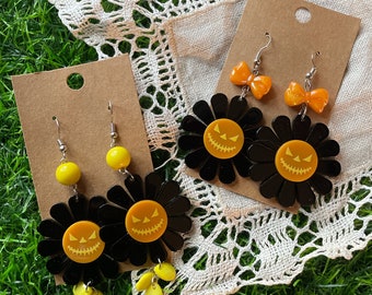 Acrylic Jack O Lantern Daisy Halloween Dangle Earrings  Kawaii Harajuku Pastel Chunky Plastic