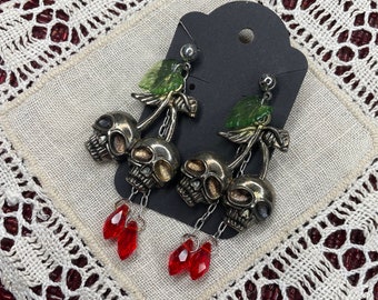 Creepy Cute Cherry Skull Earrings Dangle Halloween