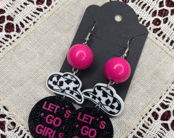 Cow Print Let's Go Girls Shania Hat Flowers Kawaii Acrylic Barbie Dangle Earrings