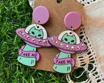 UFO Galaxy Cat Dangle Earrings Kawaii Harajuku Pastel Chunky Plastic