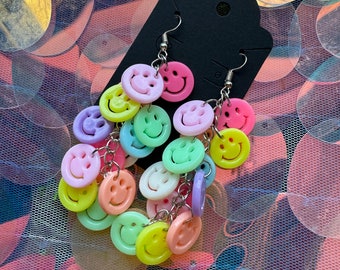 Happy Face Cluster Bead Dangle Earrings Miniature Kawaii Harajuku Plastic