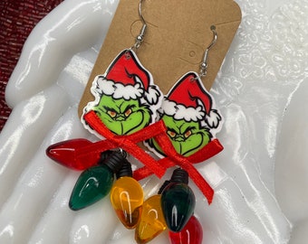 Grinch Christmas Lights Holiday Vintage Retro Chunky Kawaii Earrings