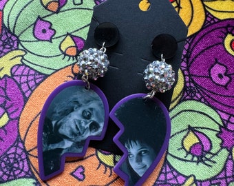 Beetlejuice and Lydia Heart Dangle Earrings Goth Witch Halloween Kawaii Pastel Plastic