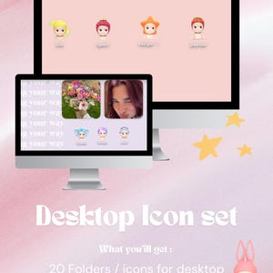May include: A desktop computer screen displaying a set of colorful icons with cartoon characters. The icons are labeled "life", "sport", "recipe", and "journal". The text "Desktop Icon set" is displayed below the screen. The text "What you'll get: 20 Folders / icons for desktop How to Guides" is displayed below the screen. A cartoon character with bunny ears is displayed on the right side of the image.