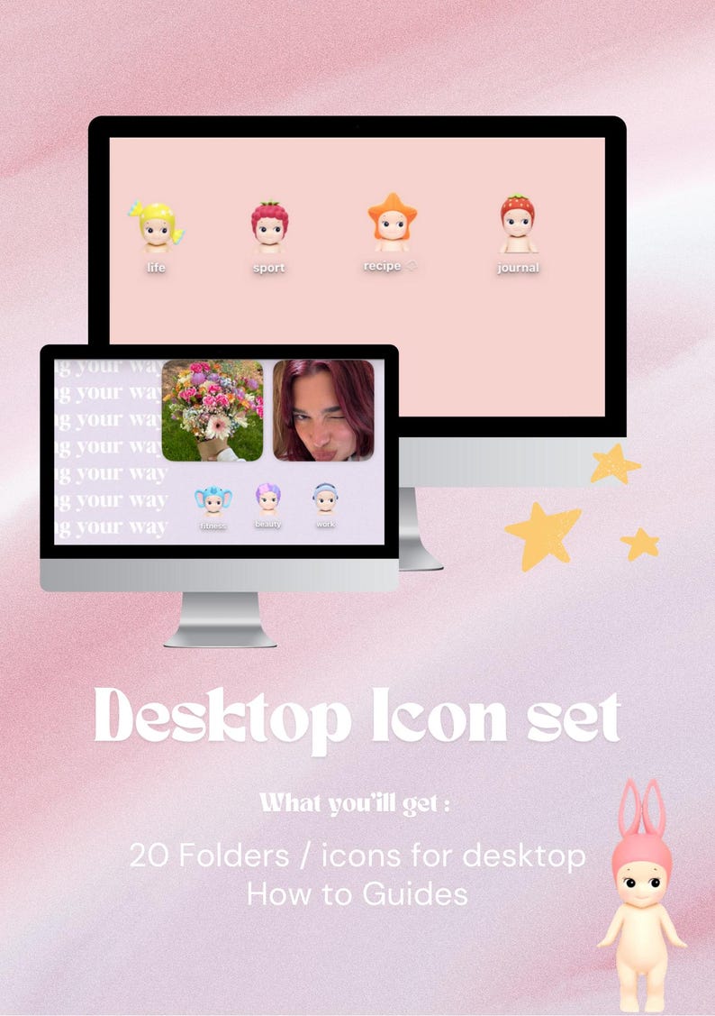 May include: A desktop computer screen displaying a set of colorful icons with cartoon characters. The icons are labeled "life", "sport", "recipe", and "journal". The text "Desktop Icon set" is displayed below the screen. The text "What you'll get: 20 Folders / icons for desktop How to Guides" is displayed below the screen. A cartoon character with bunny ears is displayed on the right side of the image.