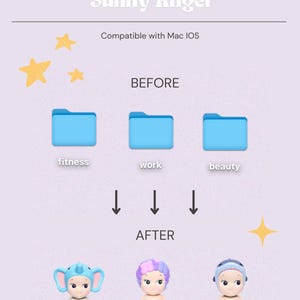 May include: Illustration showing how to change a folder icon on a Mac computer. Before, three blue folders are labeled "fitness", "work", and "beauty". After, the folders are replaced with cartoon images of a baby elephant, a baby with purple flowers in their hair, and a baby wearing a blue swimming cap.