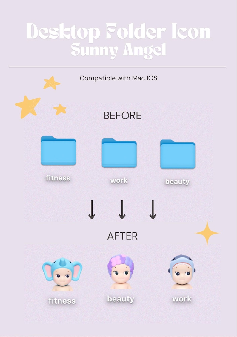 May include: Illustration showing how to change a folder icon on a Mac computer. Before, three blue folders are labeled "fitness", "work", and "beauty". After, the folders are replaced with cartoon images of a baby elephant, a baby with purple flowers in their hair, and a baby wearing a blue swimming cap.