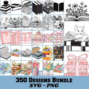 Puede incluir: Una colección de 350 diseños de pilas de libros en formato SVG y PNG. Los diseños presentan varios estilos, incluyendo floral, minimalista y caprichoso. Los diseños son perfectos para crear regalos personalizados, decoración del hogar y proyectos de scrapbooking.