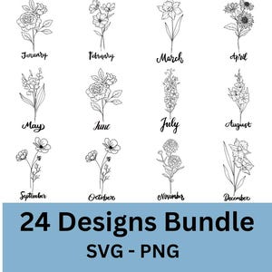 誕生月の花のクリップアート、誕生月の花の PNG、誕生月の花の花束、誕生月の花の SVG バンドル、誕生花、花のクリップアート