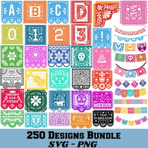 Papel Picado SVG Bundle, Papel Picado PNG Bundle, Papel Picado Clipart, Mexican Fiesta, Papel Picado Banner,Papel Picado Font,Mexican Banner