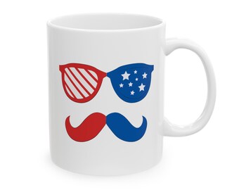 Funny 4th of July Mustache and Glasses Red White and Blue Mug