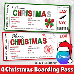 Modèle de carte d'embarquement de Noël, voyage surprise de Noël, billet de voyage de Noël, billet d'avion de Noël, carte de voyage de Noël modifiable