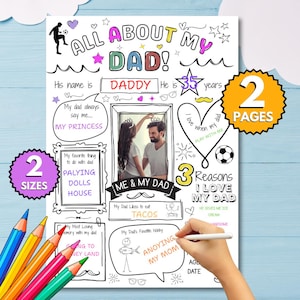 2 Pages All About My Dad Printable Fathers Day Questionnaire, Father’s Day Coloring Activity, Dad Questionnaire, Father's Day Coloring Sheet