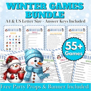 Bundel met 55+ winterkerstspellen, winterfeestspellen, winteractiviteiten voor kinderen, winterbingo, wintertrivia, leuke winterspellen, winterafdrukbaar