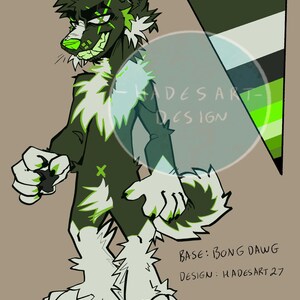 May include: Digital illustration of a wolf-like character in shades of green and white. The character has a stylized design with sharp edges and a distinctive X mark. The text "HADES ART DESIGN" is visible. The base design is "BONG DAWG" and the design is by "HADESART 27".