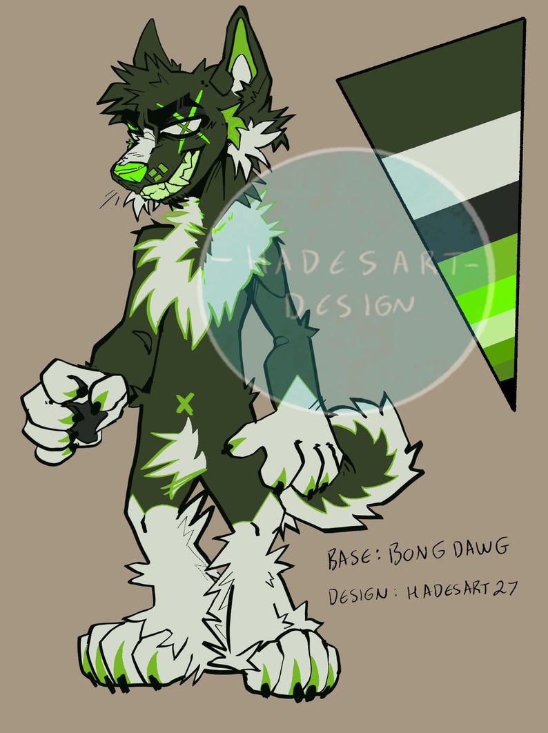 May include: Digital illustration of a wolf-like character in shades of green and white. The character has a stylized design with sharp edges and a distinctive X mark. The text "HADES ART DESIGN" is visible. The base design is "BONG DAWG" and the design is by "HADESART 27".