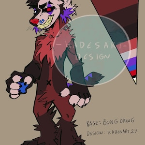 May include: Digital illustration of a stylized anthropomorphic wolf character. The character is primarily red and brown with black accents, a white face, and purple and blue details. The image includes text that reads "-HADES ART- DESIGN" and "BASE: BONG DAWG DESIGN: HADESART 27."