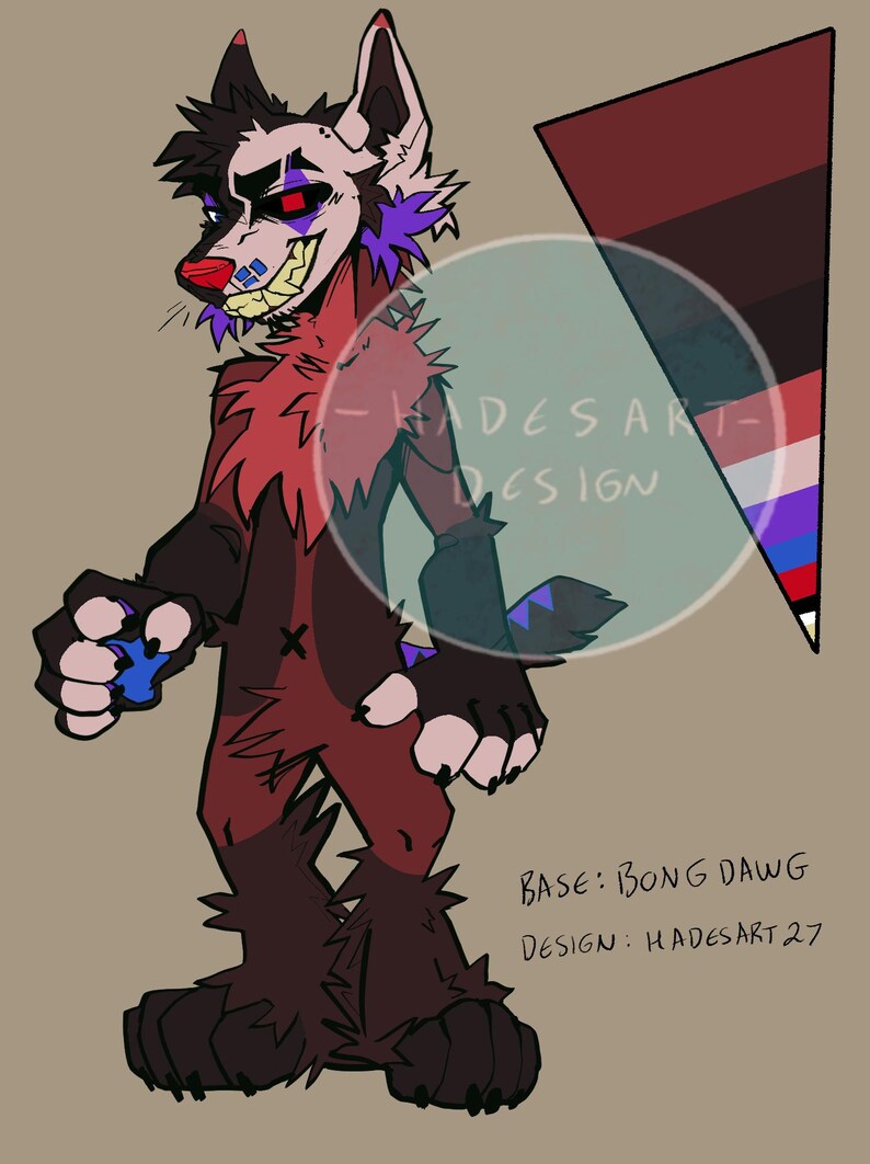 May include: Digital illustration of a stylized anthropomorphic wolf character. The character is primarily red and brown with black accents, a white face, and purple and blue details. The image includes text that reads "-HADES ART- DESIGN" and "BASE: BONG DAWG DESIGN: HADESART 27."
