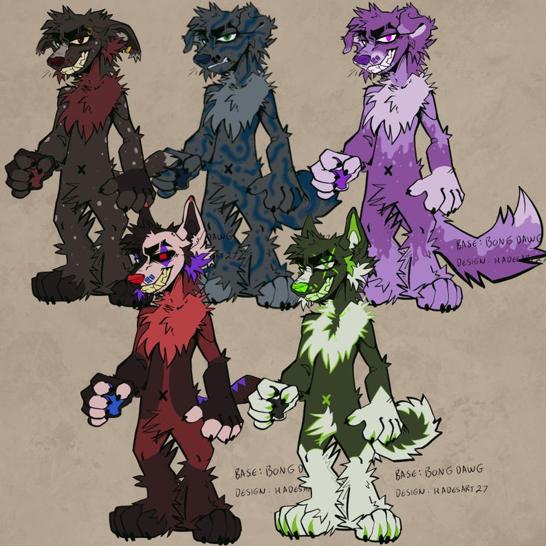 May include: A collection of five anthropomorphic dog characters in various colors, including black, blue, purple, red, and green. Each character has a unique design, with different markings and accessories. The text "BASE: BONG DAWG DESIGN: HADES" and "DESIGN: HADES ART 27" is visible.