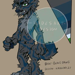 May include: An illustration of a dog-like creature with a dark gray body and blue patterns. The creature has green eyes and a stern expression. The text "HADES ART DESIGN" is partially visible. The base design is "BONG DAWG" and the design is by "HADESART 27".