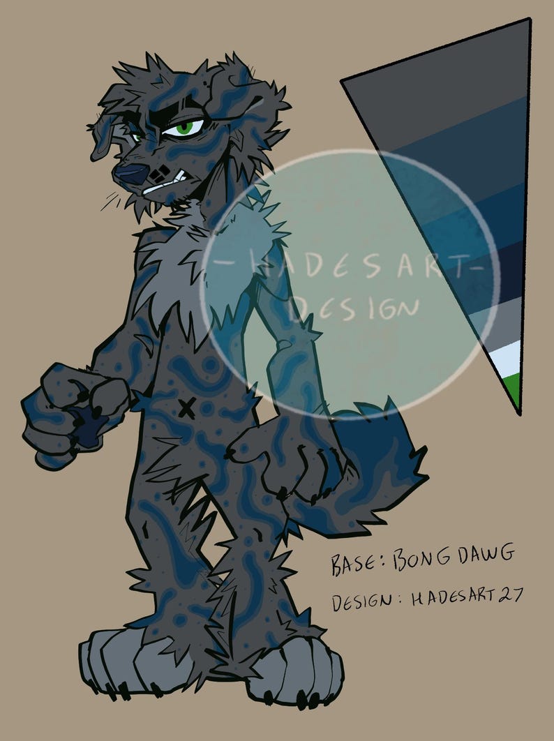 May include: An illustration of a dog-like creature with a dark gray body and blue patterns. The creature has green eyes and a stern expression. The text "HADES ART DESIGN" is partially visible. The base design is "BONG DAWG" and the design is by "HADESART 27".