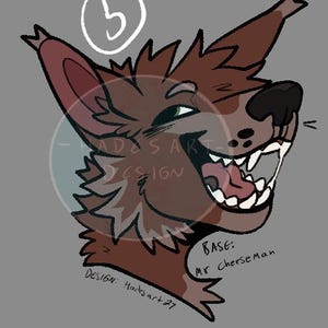 Puede incluir: Una ilustraci&oacute;n digital de la cabeza de una criatura peluda de color marr&oacute;n similar a un lobo con orejas puntiagudas, nariz negra y boca abierta mostrando dientes blancos. El n&uacute;mero 5 est&aacute; en un c&iacute;rculo. Texto: Base: Mr cheeseman, Design: Hadesart27.