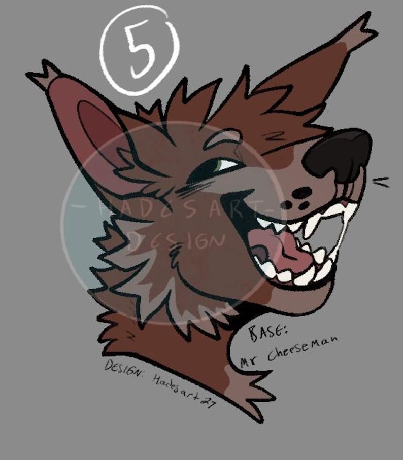 Puede incluir: Una ilustraci&oacute;n digital de la cabeza de una criatura peluda de color marr&oacute;n similar a un lobo con orejas puntiagudas, nariz negra y boca abierta mostrando dientes blancos. El n&uacute;mero 5 est&aacute; en un c&iacute;rculo. Texto: Base: Mr cheeseman, Design: Hadesart27.