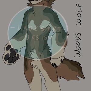 May include: A digital illustration of an anthropomorphic wolf character with brown and grey fur, featuring a dark brown muzzle, large ears, and a patterned torso. The text reads Woods Wolf, Design by Hadesart, and Base by Wolfdoq.