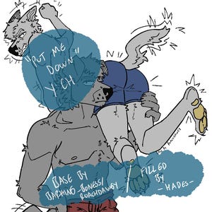 Op de afbeelding: Een digitale illustratie van twee antropomorfe grijze wolf-personages. Het ene personage tilt het andere op, dat een blauwe korte broek draagt. De tekst luidt "PUT ME DOWN YCH" en "BASE BY BARKING-JONESS/ROACHDAWGY / FILLED BY -HADES-".