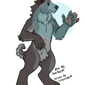 May include: A digital illustration of an anthropomorphic canine character with dark grey fur, a lighter grey chest, and dark spots. The character is standing, facing right, with one paw raised. Text reads: Base by DogBoy22, Design by HadesArt27.