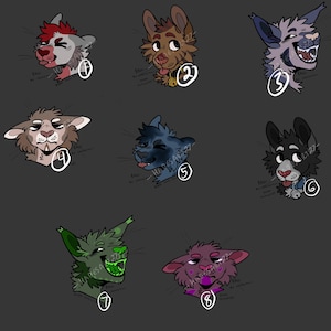 May include: A digital illustration featuring eight distinct anthropomorphic animal character headshots arranged in a grid. Each character is numbered one through eight and displays unique fur colors, facial expressions, and features like bells.